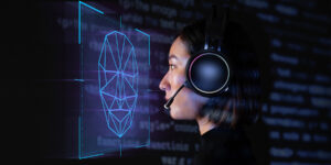 a woman wearing headphones looking at a face